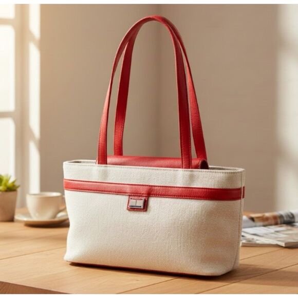 Tommy Hilfiger Handbags - Tommy Hilfiger Purse Vintage Tan Red Canvas Leather Womens Handbag